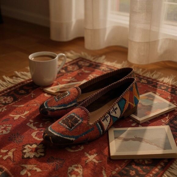 Kilim Loafers Size 8.5 – Boho Textile Handmade Slip-On Flats - Picture 1 of 8